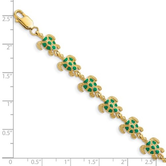 14k Yellow Gold Green Enamel Sea Turtle Charm Link Bracelet 7 Inches long ladies - Picture 2 of 4